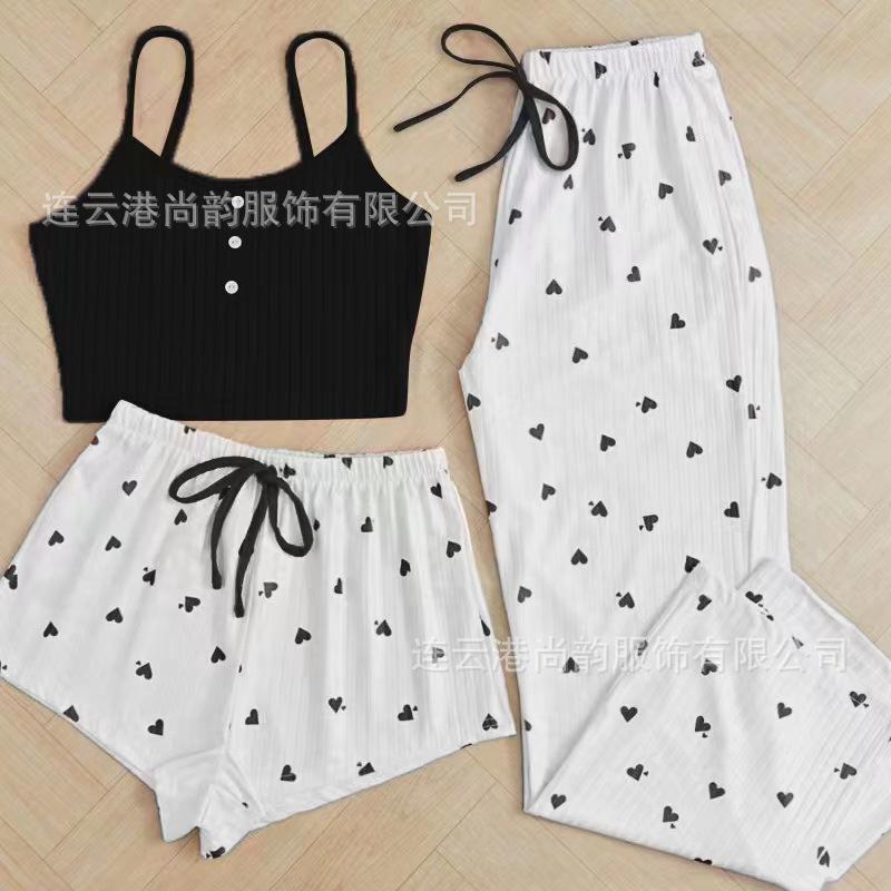 Popular girl suspender pajamas three-piece summer wear sexy underwear shorts trousers women's loungewear set