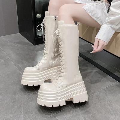 Мода 10СМ Новые женские римские длинные сапоги Осень Зима Кожаные сапоги до колена Панк Обувь Массивная платформа Повседневные рыцарские сапоги Botas Mujer