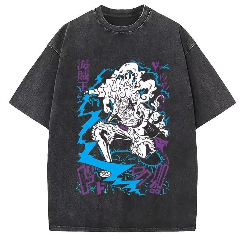 Summer 2026 Washed T-Shirt ONE PIECE Anime Graphic Print T Shirt Cotton Casual T-shirt Men Hip Hop Short Sleeve Tops Tees Y2k