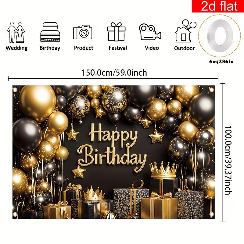 2D Black Gold Balloon Happy Birthday Backdrop with Crown and Gift Box Party Banner