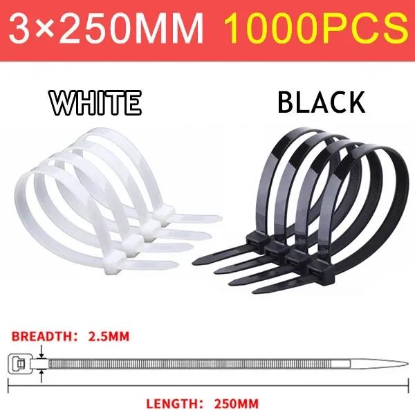 1000Pcs 5X300mm Self-locking Nylon Plastic Tie White/Black Cable Tie Fastening Ring 3X200mm Wraps Strap Zip Tie
