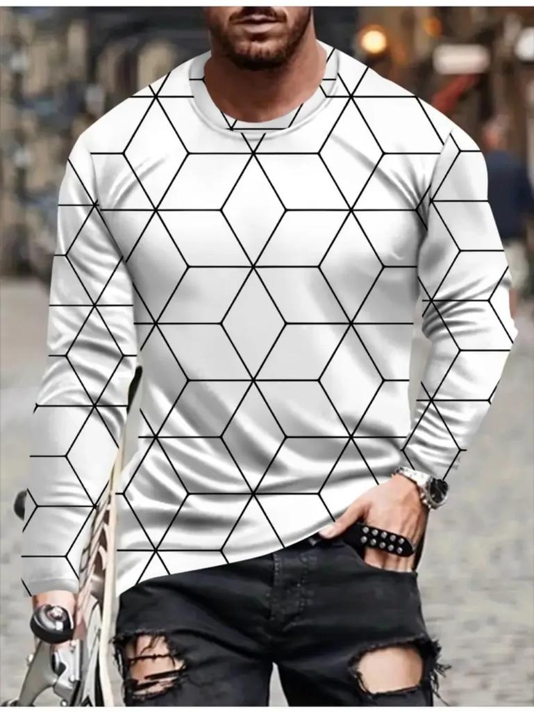 Stylish Geometric Triangle Print Long Sleeve T-shirt, Casual Fashion Top for Men