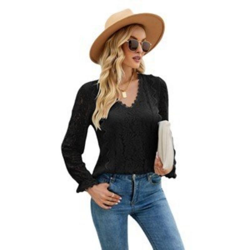 Весенне-осенняя женская блузка с длинными рукавами, однотонная, с ажурным кружевом, сексуальный трикотажный топ