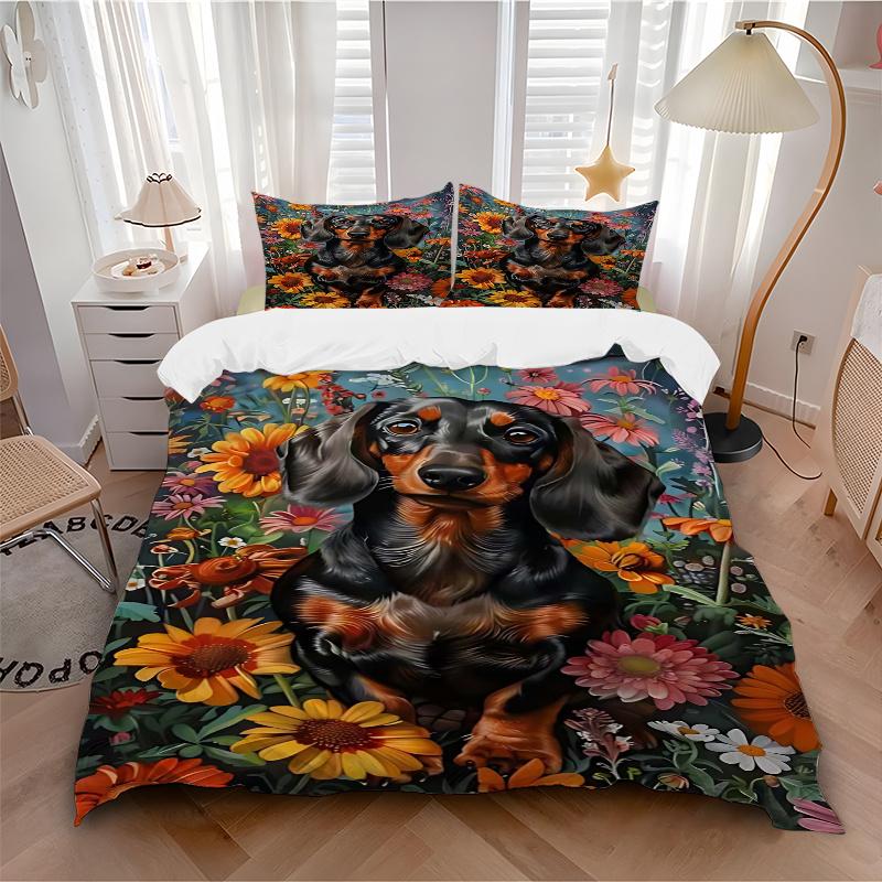 3pcs Dachshund Dog Floral Garden Bedding Set, Includes One Quilt Cover and Two Pillowcases (No Core), Anime Cartoon Design, Polyester Fabric