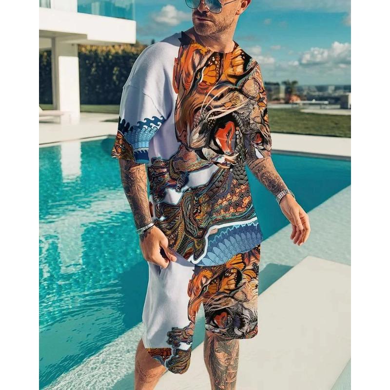 Roar Golden Lion Head короткий рукав 2 шт. комплект 3D принт мужская толстовка с круглым вырезом футболка комплект мужской свободный костюм футболка мужская одежда