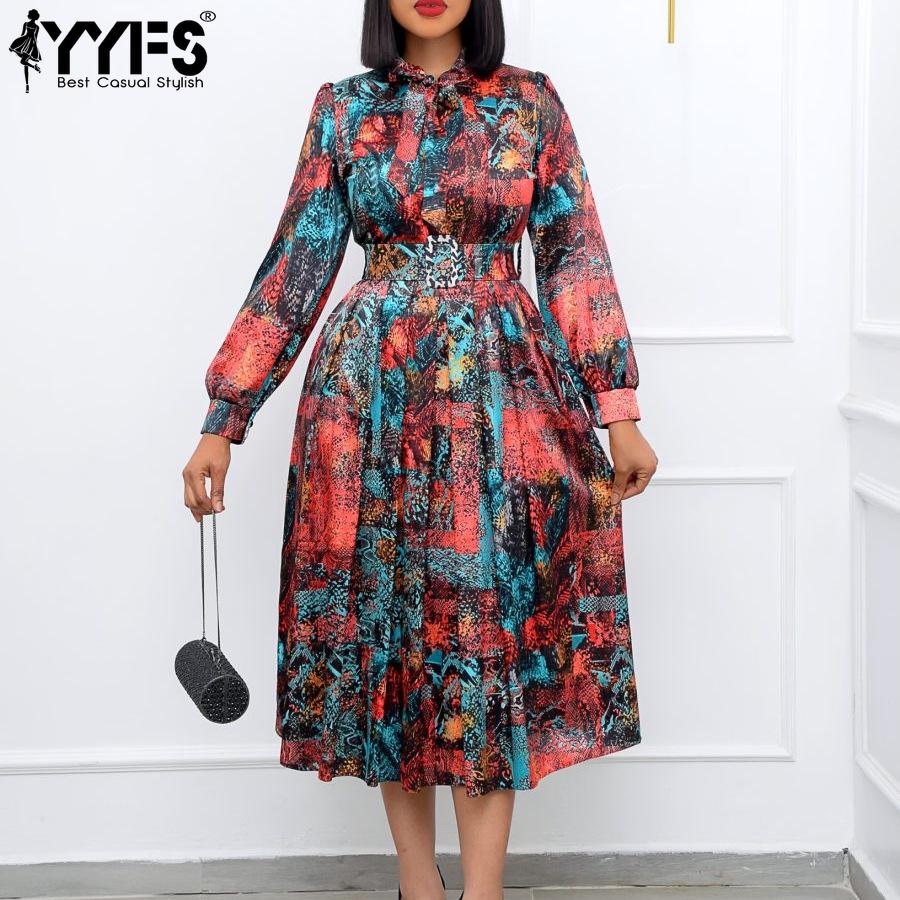 YYFS Women's Fashion Spring Fall Colour Block Print Long Sleeve O-Neck High Waist Casual Dresses