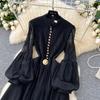 Spring Summer Women Luxury Metal Button Black Chiffon Holiday Beach Mid-calf Dresses with Belt