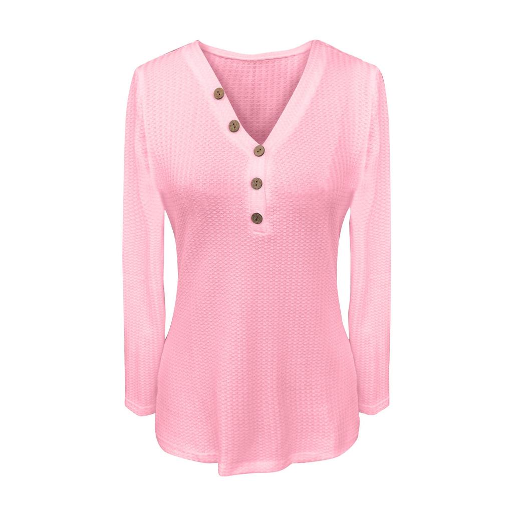 Fall And Winter New Women's Clothing V-neck Button Solid Color Long-sleeved T-shirt Women
