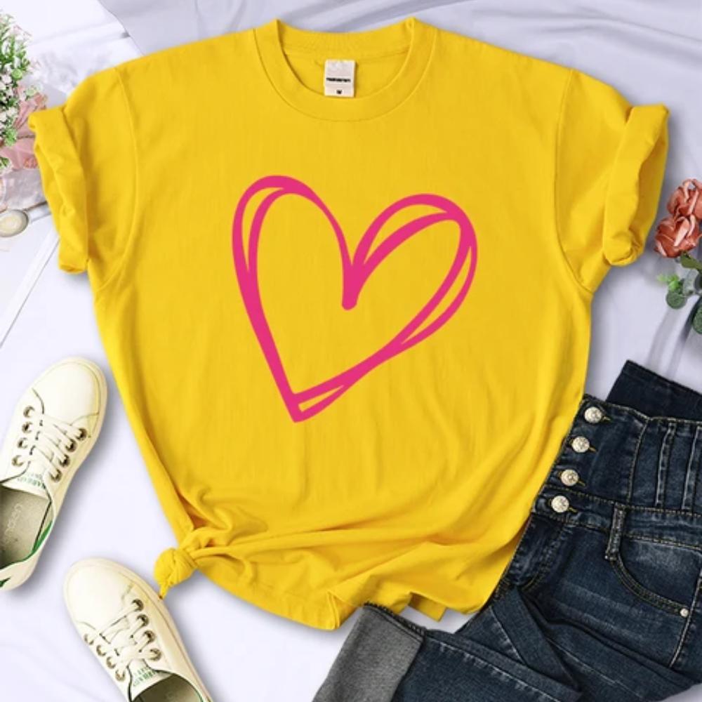 Простые женские футболки с розовым сердечным принтом, индивидуальные повседневные футболки, модные универсальные креативные женские топы с короткими рукавами и круглым вырезом