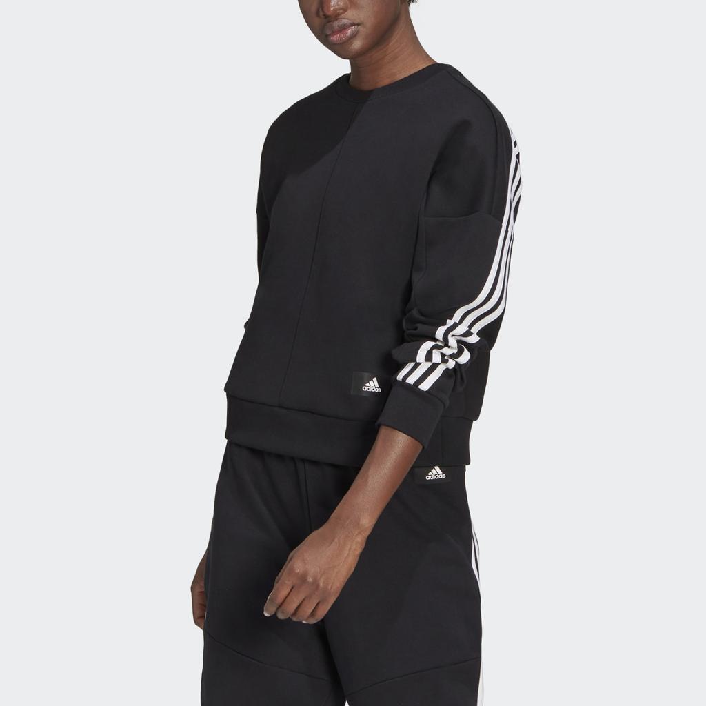 adidas Свитшот женский с тремя полосками по бокам, свободного кроя, с круглым вырезом, черный GL0343