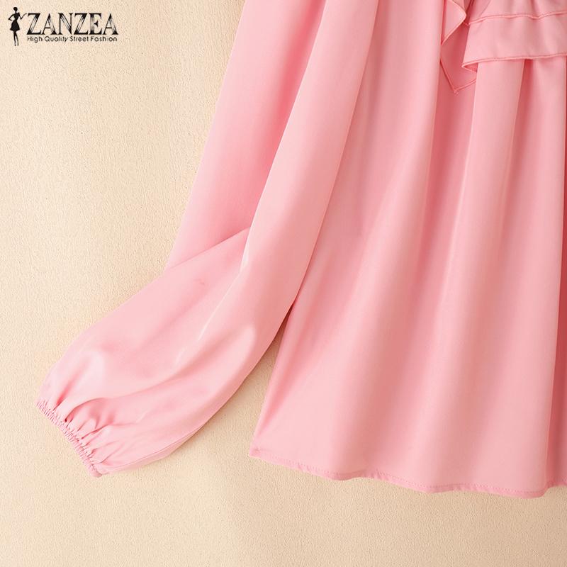 ZANZEA Женская повседневная однотонная свободная блузка с круглым вырезом и длинным рукавом