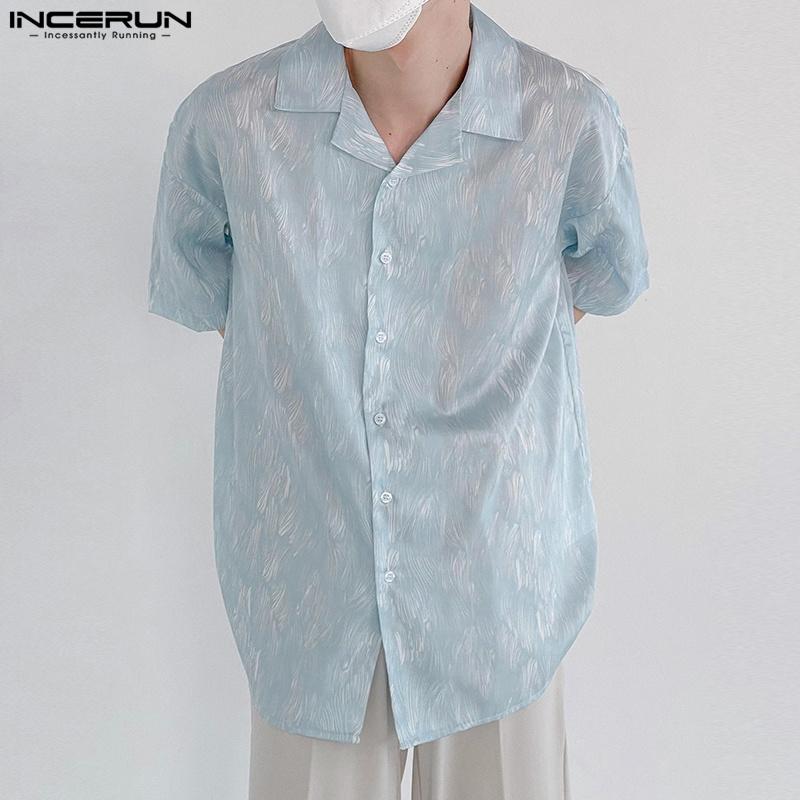 INCERUN Летние свободные мужские рубашки с воротником-лацканом и коротким рукавом с принтом