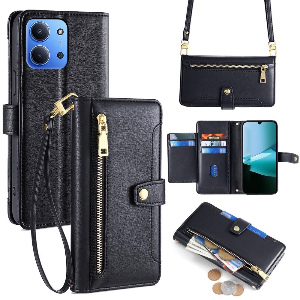 For Xiaomi Redmi 15C 4G (Global) (171mm)/Poco C85 4G (171mm) Leather Case Zipper Pocket Wallet Phone Cover with 2 Straps