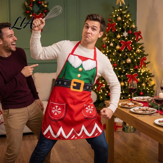 Creative Printed Holiday Apron Christmas Funny Elf Apron, Waterproof Stain Resistant Kitchen Adjustable for Women Neck Strap Cooking BBQ Party Festive