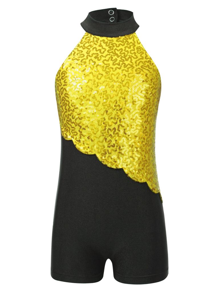 Детский купальник для балета и танцев с блестками, короткий комбинезон с бретелькой на шее, Biketard, джаз, одежда для латинских танцев, танцевальная одежда