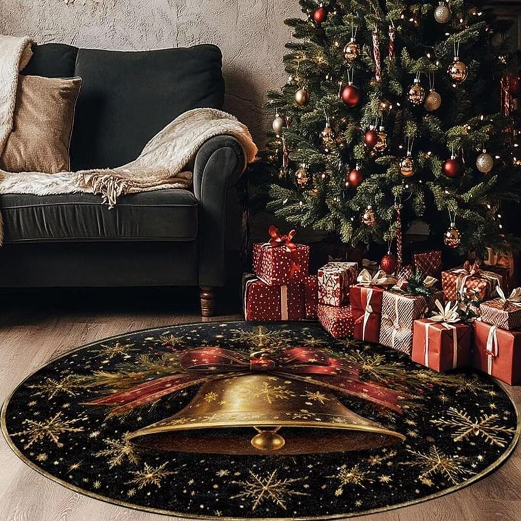 Green Snowflake Round Holiday Rug – Washable Non-Slip Circle Mat for Bedroom Kitchen Entryway Home Decor