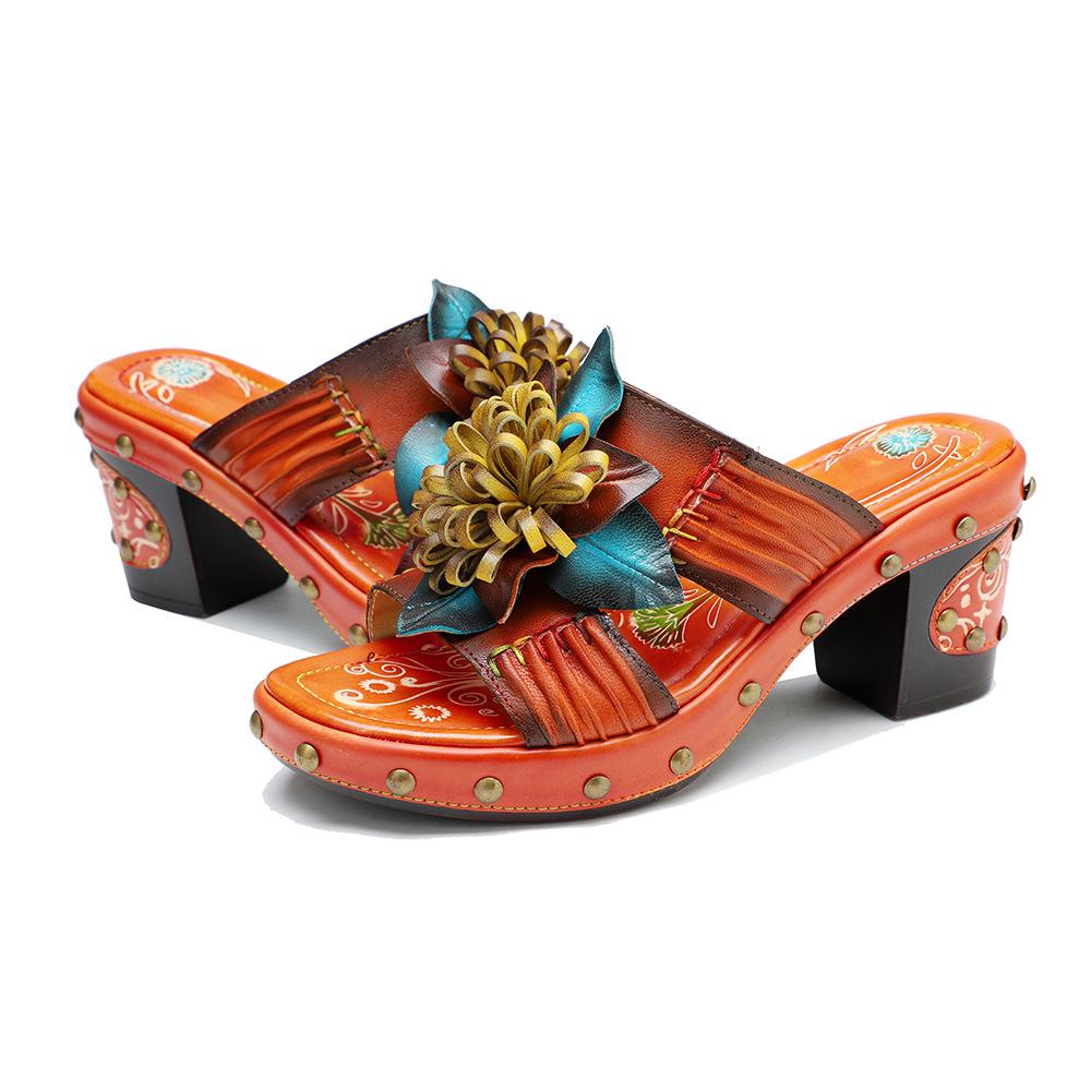 Johnature Женская обувь из натуральной кожи с ручной росписью, уличные тапочки, шлепанцы на высоком каблуке в стиле ретро, босоножки на платформе