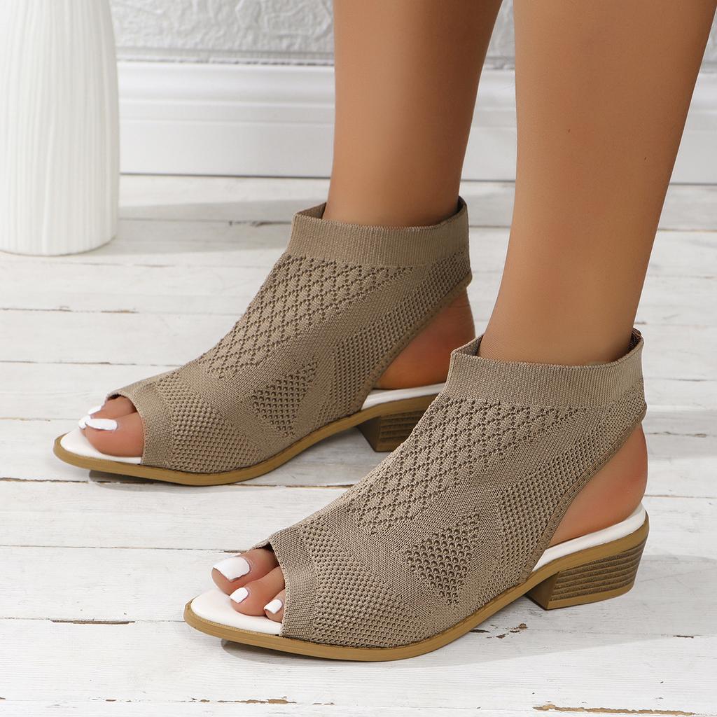 Большие размеры вязаные женские босоножки на толстом каблуке однотонные летние туфли без застежек на среднем каблуке с открытым носком сандалии женские