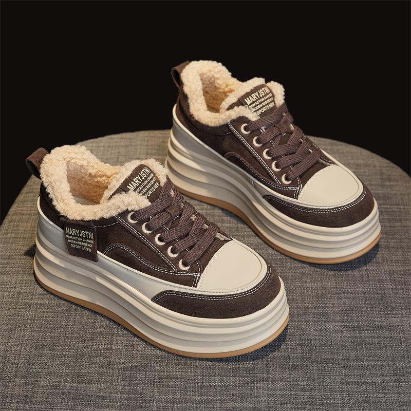 Зимние кроссовки на толстой платформе для женщин, теплые нескользящие прогулочные туфли на шнуровке с подкладкой из искусственного меха, женские теннисные кроссовки из искусственной кожи с флисовой подкладкой