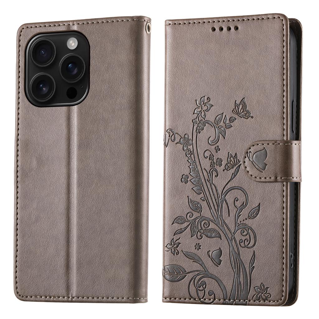For iPhone 16 Pro Max Wallet Case Butterfly Floral Imprint PU Leather Phone Cover with Wrist Strap
