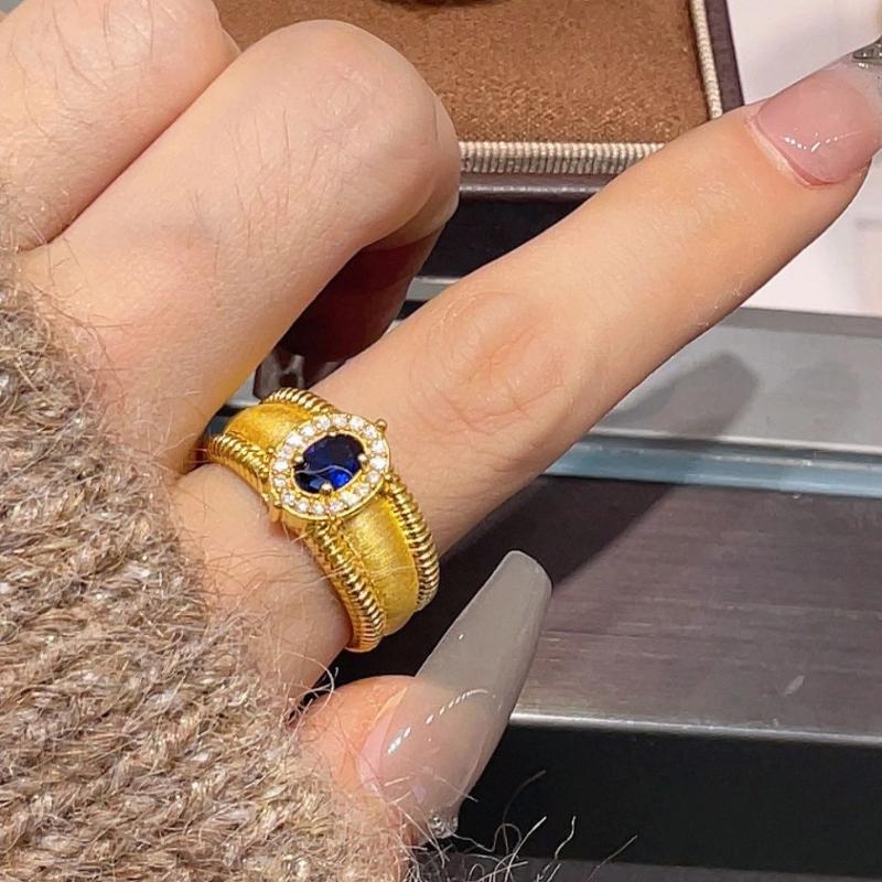 Retro oval brushed sapphire rings for women vintage Court style sparkling inlay diamond Pink wide ring wedding fine