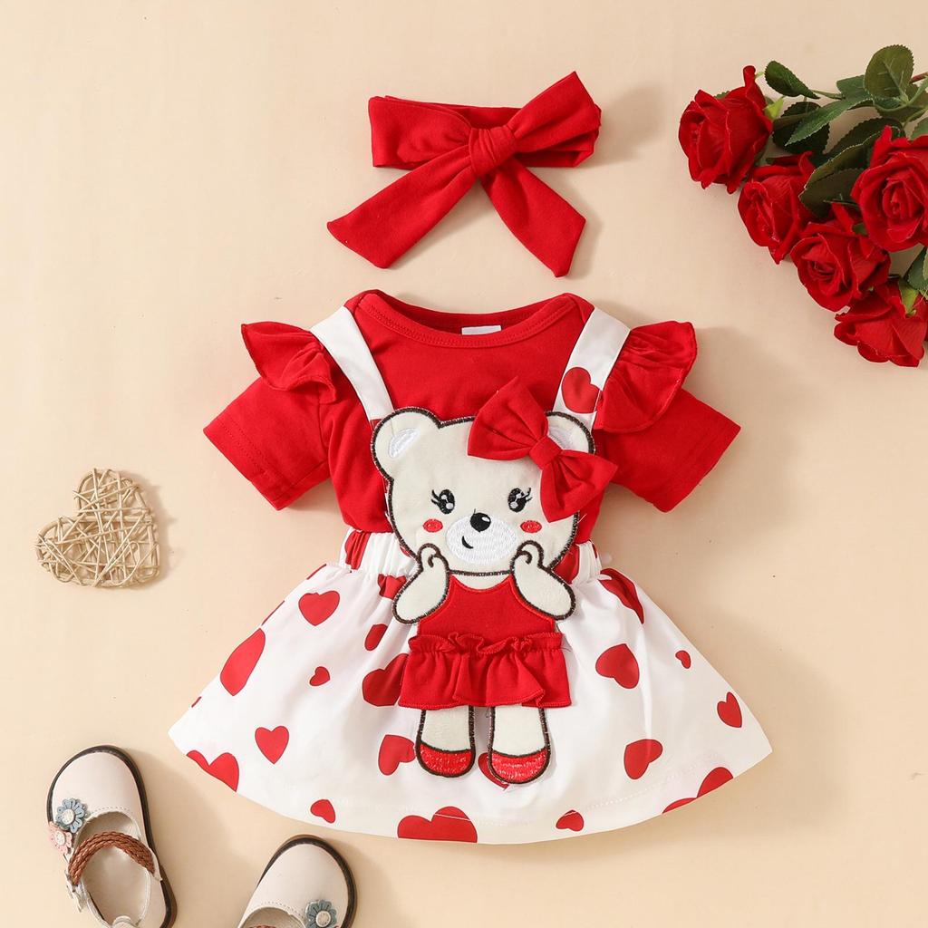 Sweet Cartoon Bear Baby Girl Summer Skirt Set - Includes Solid Color Short-Sleeved Top, Suspender Skirt, and Hairband.
