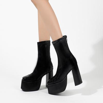 Женские ботильоны на высоком каблуке 10 см, водонепроницаемой платформе и толстом каблуке, большого размера 34-42, эластичные носки-ботинки, квадратный носок, на четыре сезона, короткие