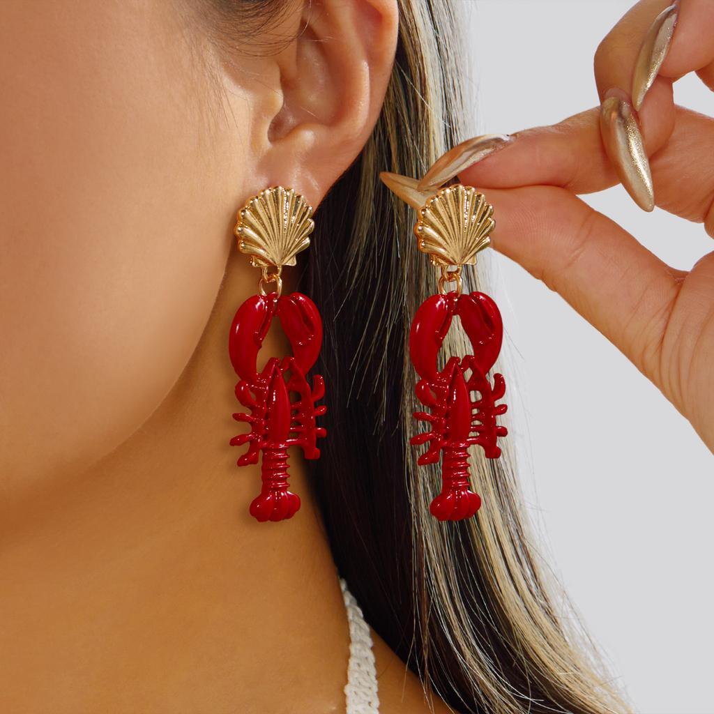 Boho Red Rhinestone Lobster Dangle Earrings for Women Ocean Crystal Zircon Animal Drop Earrings Summer Beach Party Jewelry