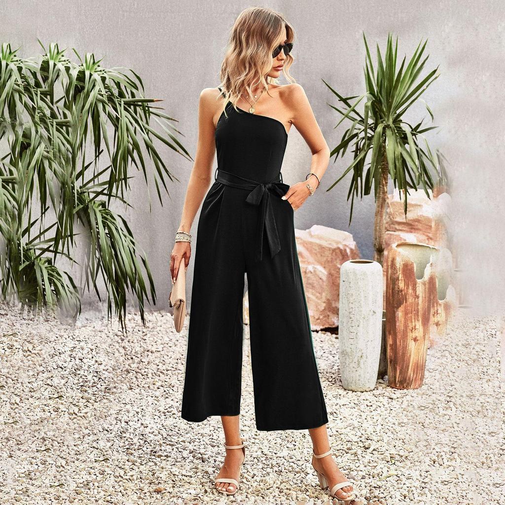 Off Shoulder Strap Jumpsuit Women's Spring Summer Temperament Commuting Solid Color Straight Pants