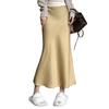 Women Fishtail Skirt High Waist Fishtail Hem Maxi Skirt Solid Color Retro Satin Texture Hip Wrapped Skirt