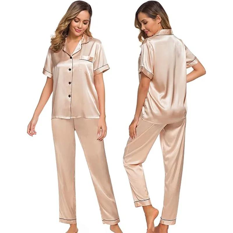 Ice Silk Pajamas Satin Suit Short-sleeved Trousers Plus Size Women's Home Wear
