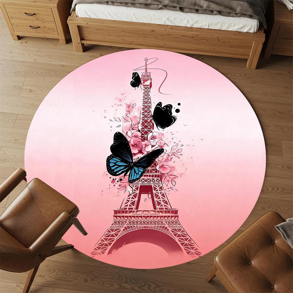 1pc Paris Butterfly Round Chair mat office Area Rug - Non-Slip, Floor Mat for Office, Bedroom, and Indoor Decor p127218