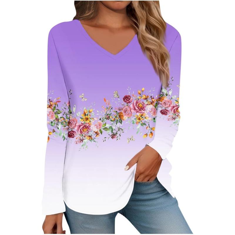 Womens Long Sleeve Tops V Neck Shirts Casual 3D Flower Print Basic Trendy Tee Blouses Fall Tunic Outfits Fitted T Shirts