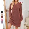 Женское осенне-зимнее платье в рубчик, повседневное мини-платье с длинным рукавом и V-образным вырезом, свободное платье-свитер с карманами