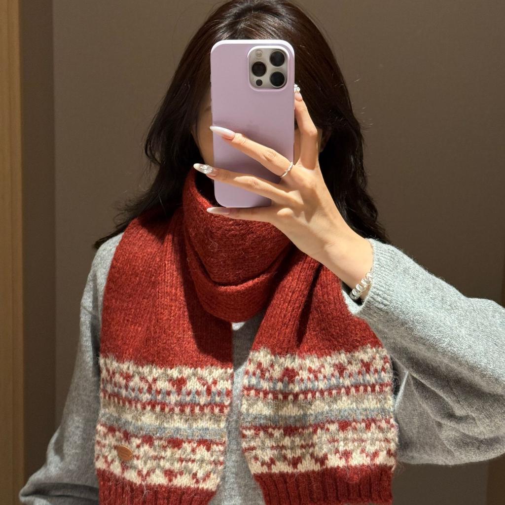 Шарф из смесовой пряжи, вязаный, с Fair Isle, утолщенный для зимы, чтобы согреть, корейская атмосфера, универсальный шарф для пары
