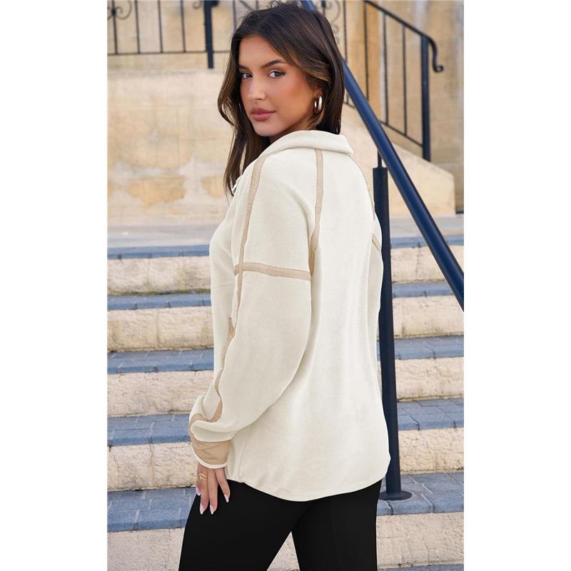 Women's Color Block Striped Half Zip Polo Sweatshirt Loose Long Sleeve Casual Pullover Top
