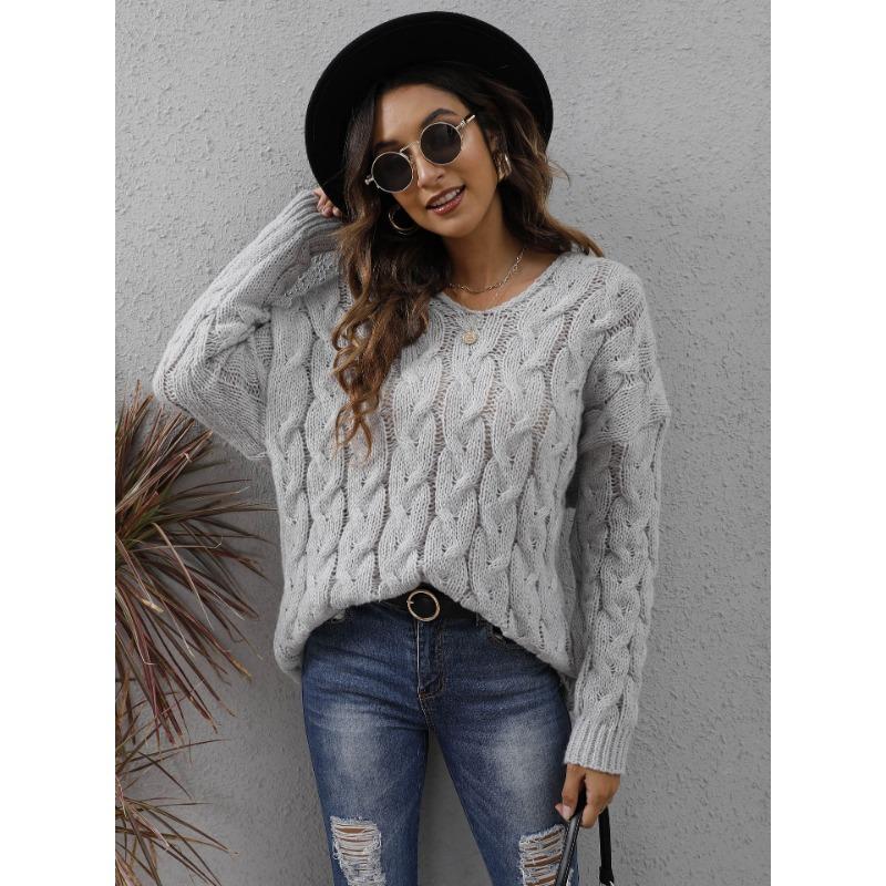 Autumn and Winter Women's Thickened Twist Knit V-Neck Hooded Loose Pullover Sweater