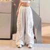 White Pleated Wide-Leg Cargo Pants - Streetwear Hiphop Style