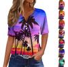 Women's Casual Hawaiian Printed V-Neck Short Sleeve Decorative Button T-Shirt Top