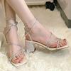 Summer Evening Breeze Fairy One-word Buckle with Skirt Thick Heel Sandals Female French Rhinestone Snake Strap High Heels