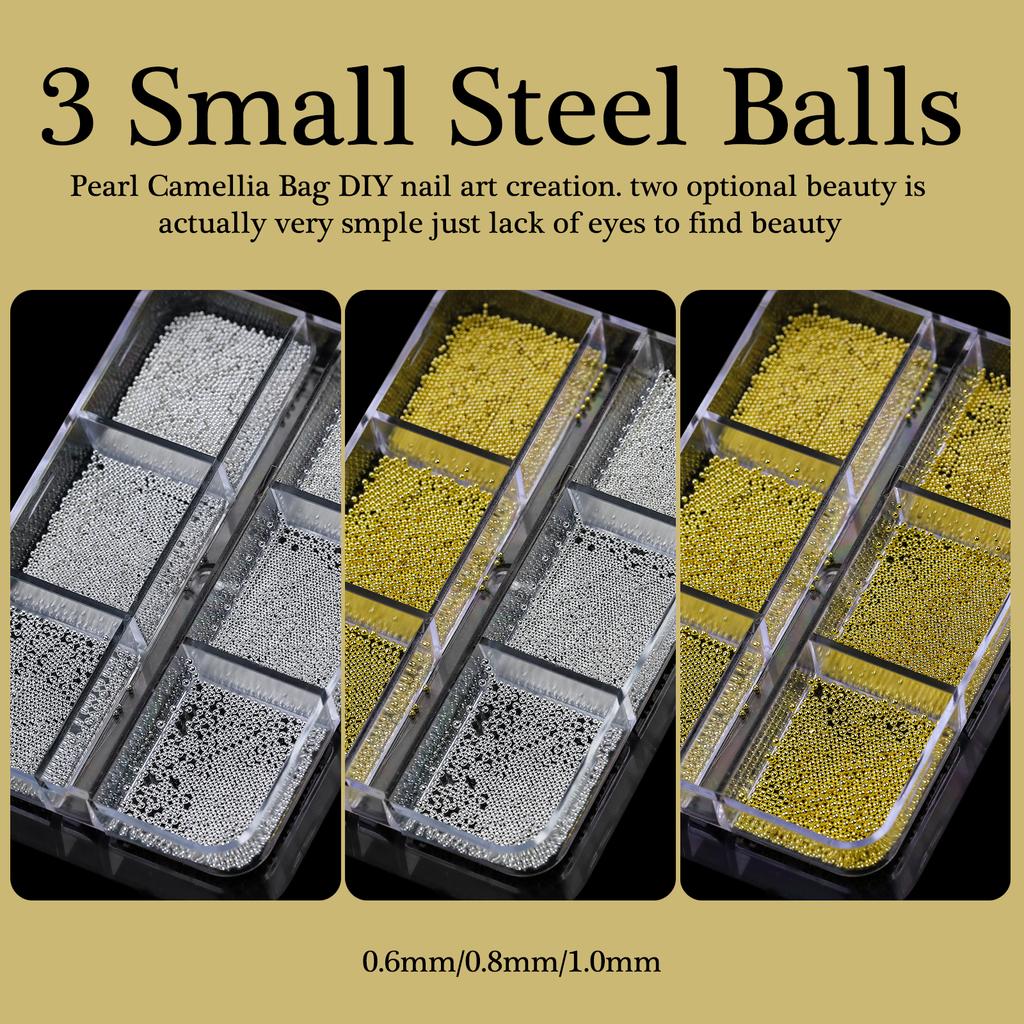6Gird Mini Stainless Steel Caviar Beads 0.6/0.8/1mm Nail Art Mixed Size Alloy Gold/Silver Bead Nail Charms Manicure Micro Ball