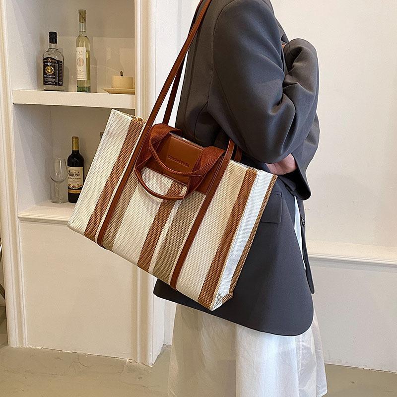 Canvas Bag Female Tote Bag Large Capacity Spring and Summer New Versatile Contrasting Color Shoulder Class Commuter Bag