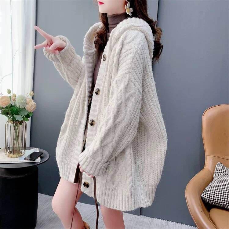 Hooded Sweater Cardigan Female Autumn and Winter Retro Solid Color Elastic Warm Loose Medium-length Knitted Jacket