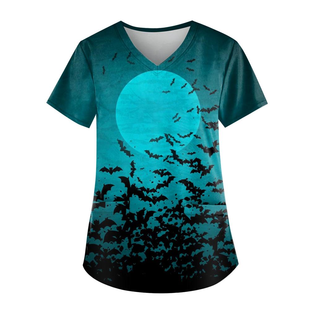 Плюс размер Хэллоуин печатная рабочая форма Топы для женщин футболки с v-образным вырезом и короткими рукавами рабочая одежда футболка с карманами
