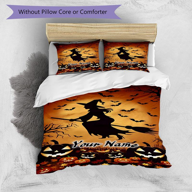 3PC Custom Name Halloween Witch Pumpkins Bedding Set Printed Bedding Set Duvet Cover Closure Includes 1 Duvet Cover & 2 Pillowcases for All Seasons Be