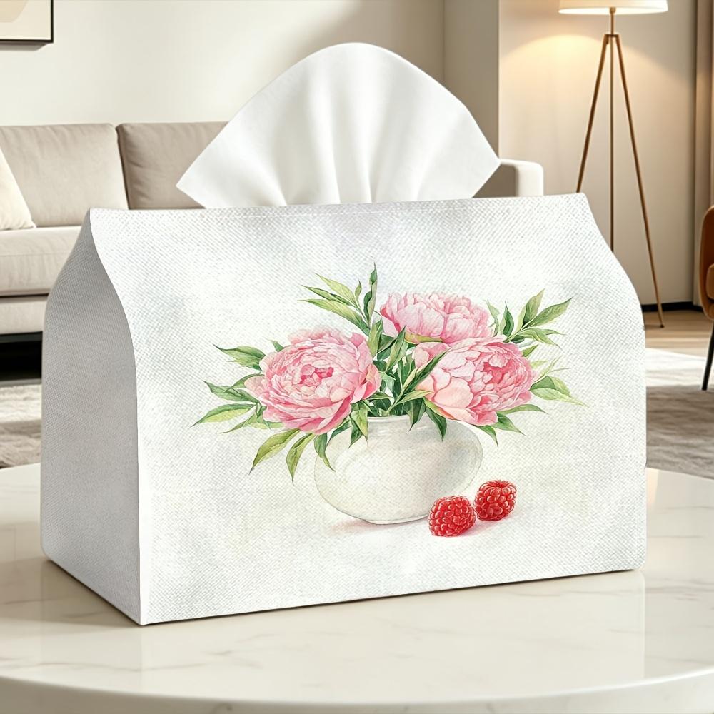 2D Flat Pink Peony and Raspberry Tissue Box, Compatible with Rolled Toilet Paper, Paper Towels, and Facial Tissues. Dual-purpose as a Desktop Decorati