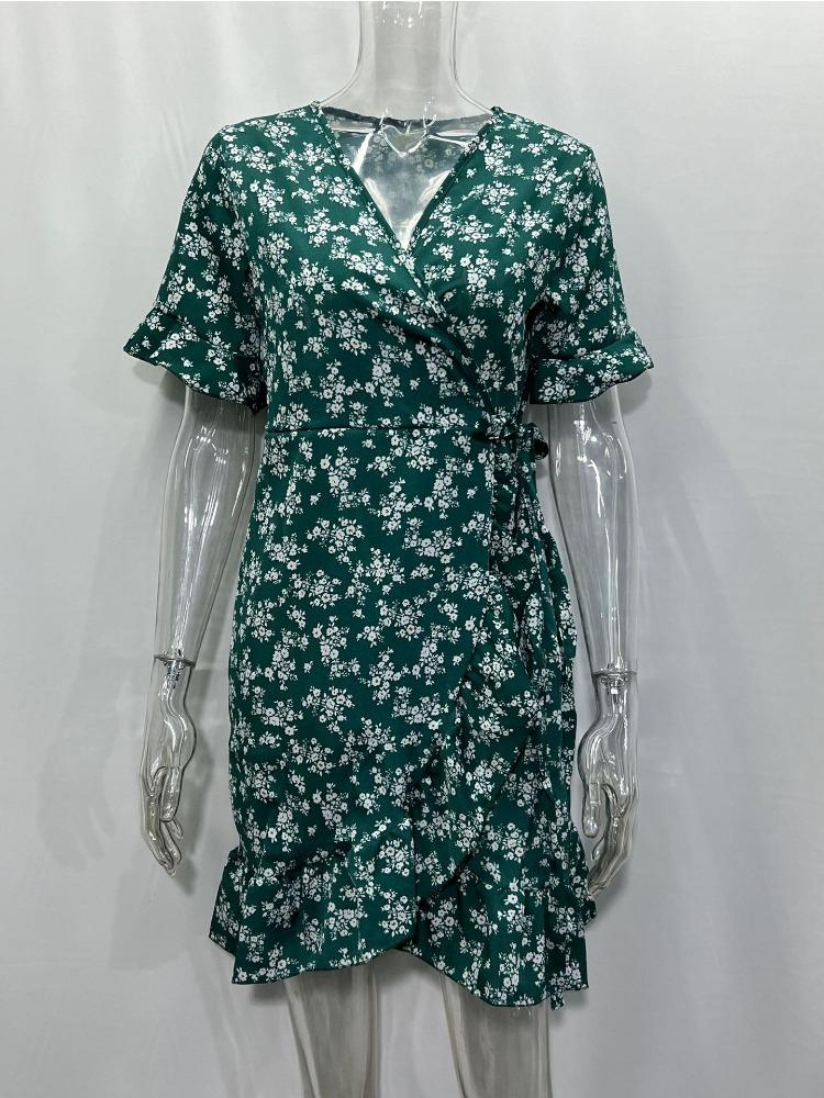 Женское платье с оборками в стиле бохо, летнее сексуальное шифоновое мини-платье с v-образным вырезом и коротким рукавом, сарафан для пляжного отдыха