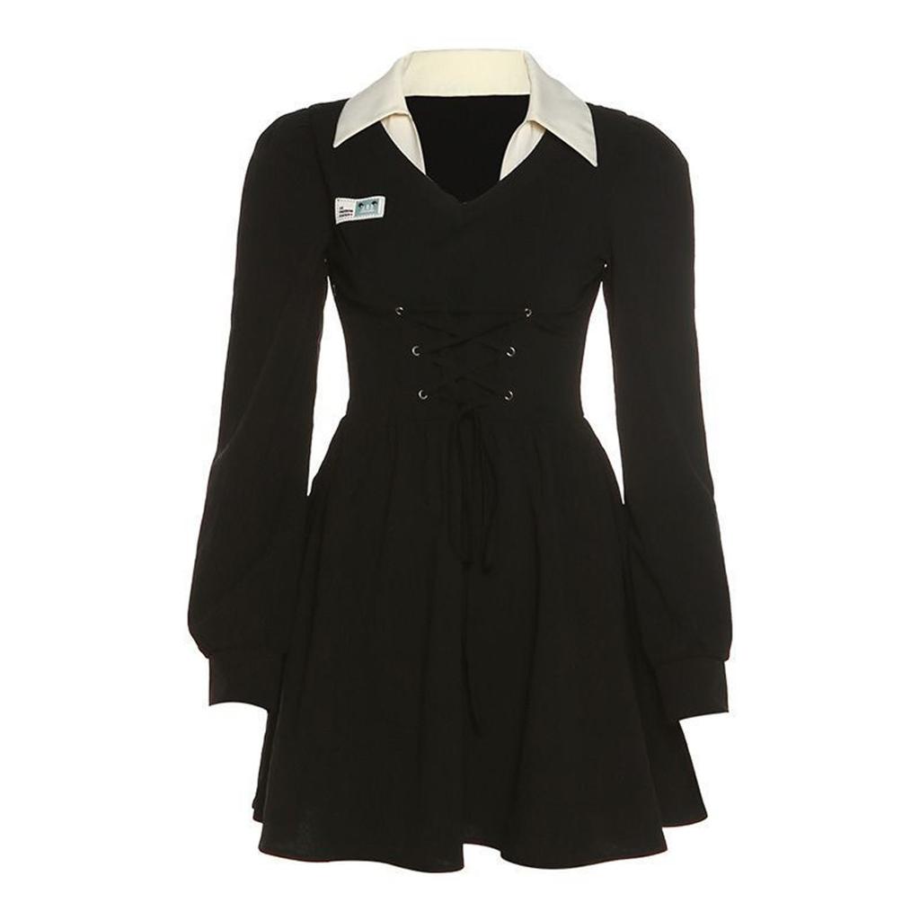 Женское черное платье в стиле ретро в стиле колледжа, платье трапециевидной формы до талии