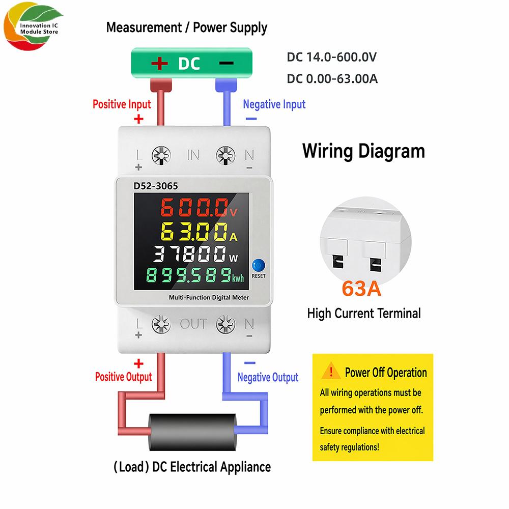 DC 11–611V 61A DIN-rail Mounted Multifunctional Single-Phase 1-in-1 DC Energy Meter with LCD Display for Voltage Current Power