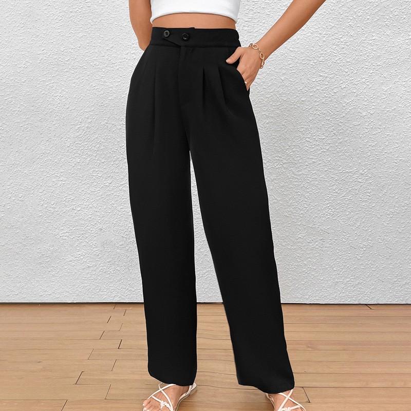 Womens Straight Leg Trousers Solid Color Commute Casual Pants Mid Waist Full Length Work